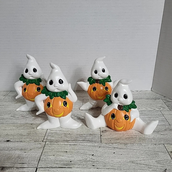 Spooky Ceramic Set of 4 Pumpkin Ghosts Nostalgic Halloween Decor  Handpainted 5" - Picture 2 of 7
